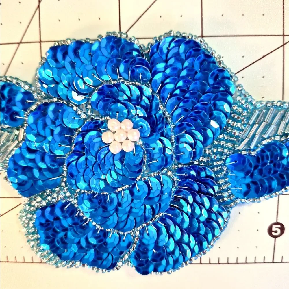Turquoise sequin bead faux pearl flower applique set of 2